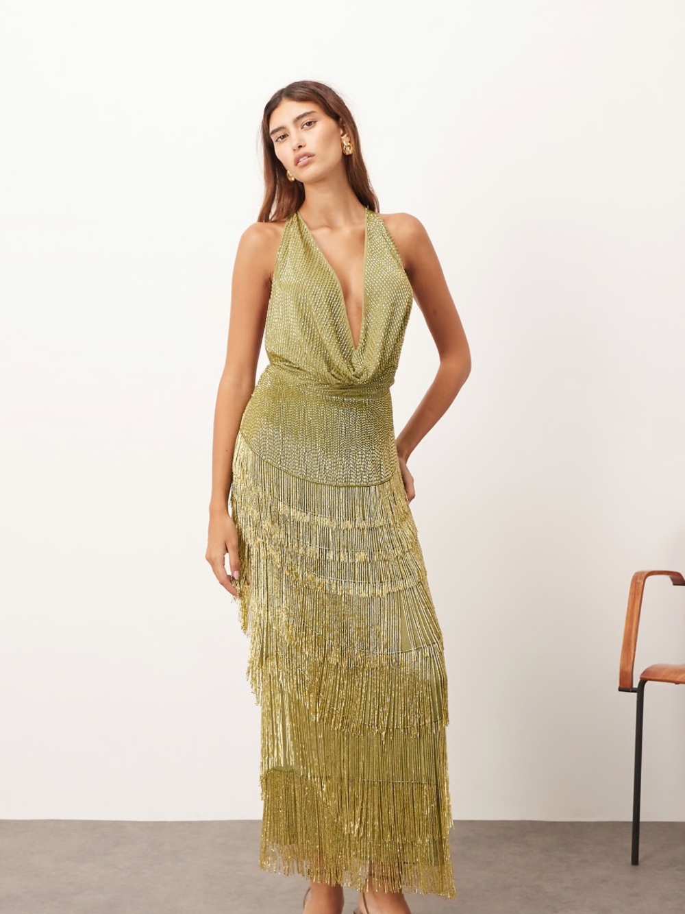 ARRANGE beaded fringe plunge cowl neck maxi dress in olive